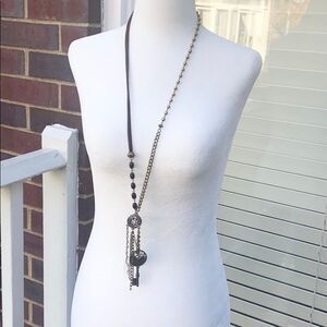 Long charm necklace -clock, key, rhinestone, chain